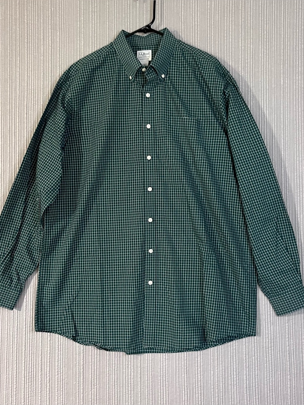 LL Bean Mens Green Check Button Down Cotton Shirt Long Sleeve Pocket Sz XL Tall